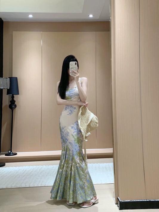 Retro painting sexy mermaid dress long party dress S5874
