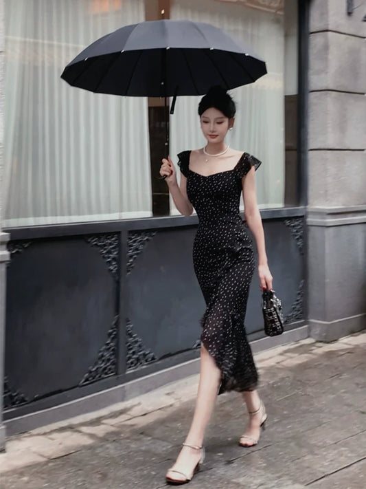 black polka dot flying sleeves party dress S6135