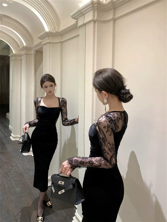 Black evening gown luxury sexy square neck velvet dress S5840