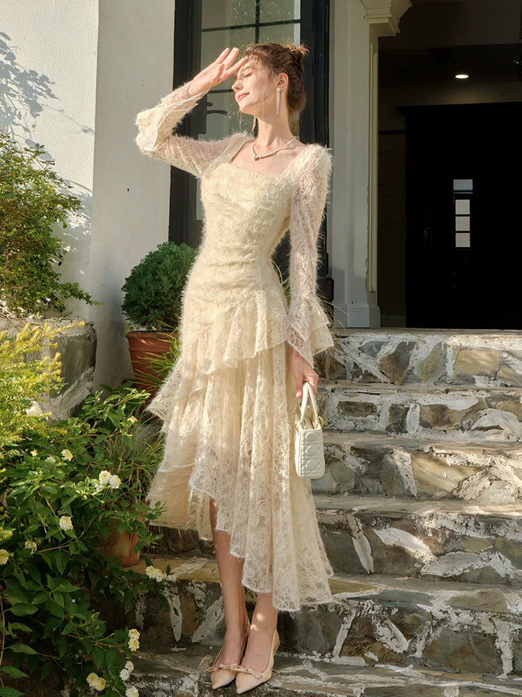 Lace Embroidery Long Sleeve Dress Retro Velvet Princess Dress S6155