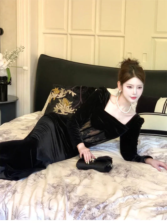 black velvet dress square neck long sleeve party dress S6104