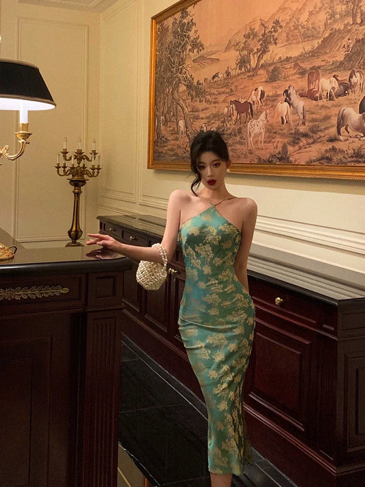 Satin cheongsam halter neck dress for women summer new retro printed party dress S5604