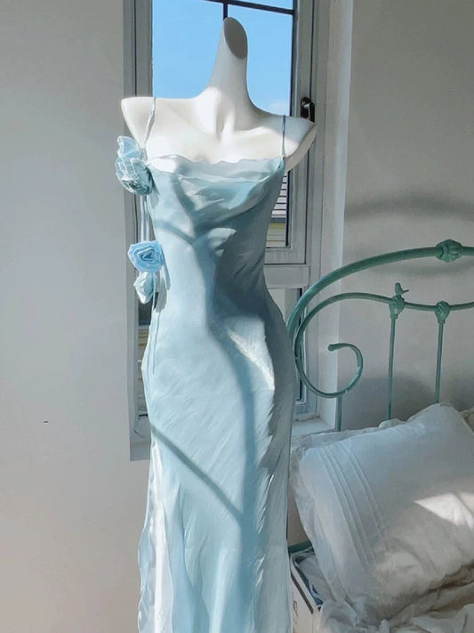 French style super fairy blue suspender dress women vintage princess long dress S5743