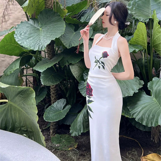 Rose print backless halter neck white dress new style women's long dress S5801