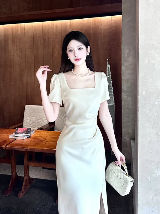 White short-sleeved dress elegant engagement dress satin long dress S5953