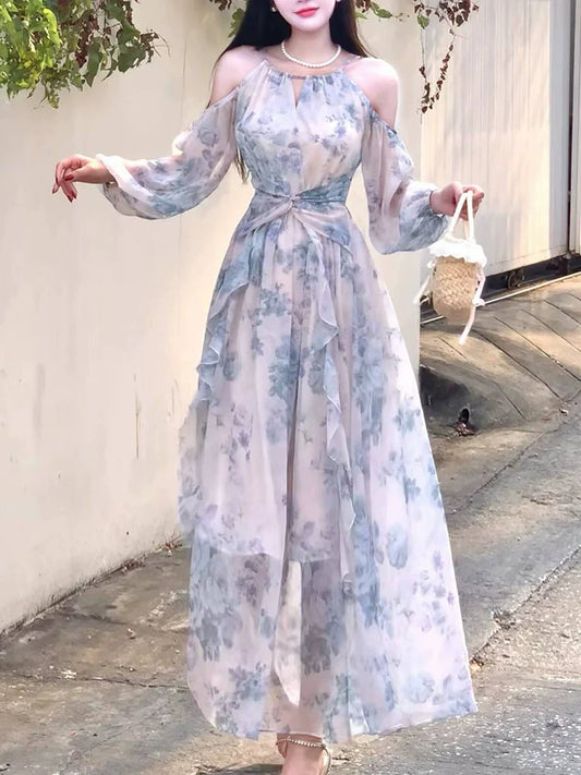 Chiffon printed dress women's seaside holiday long dress party dress S6153
