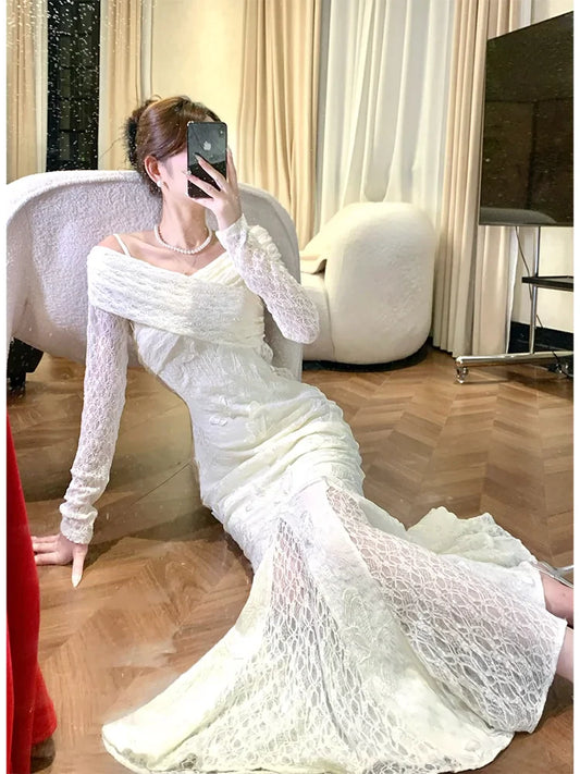 butterfly lace dress long sleeve mermaid evening dress S6091