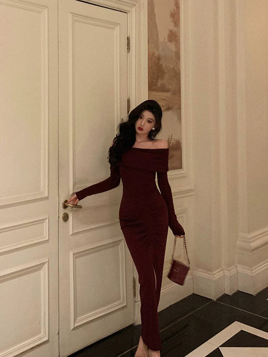 Red off-shoulder dress for women new retro style slit long mermaid dress S5651