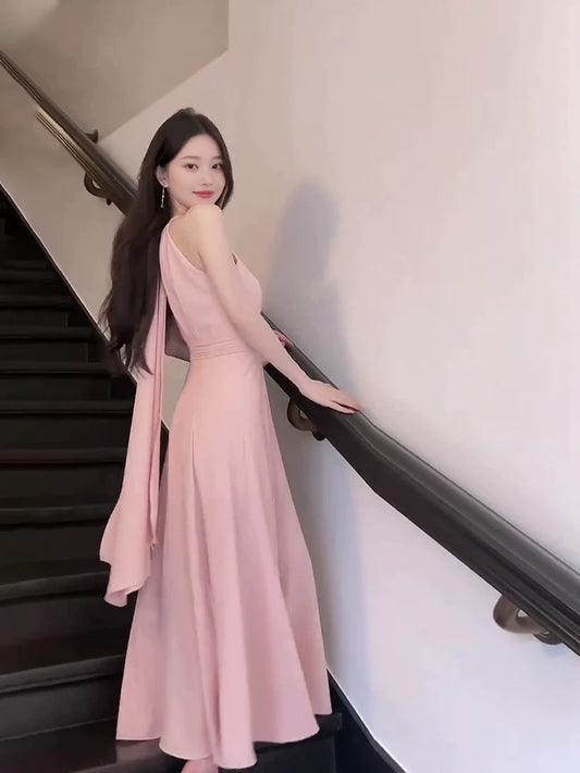 Pink sleeveless halter dress for women long dress S5779