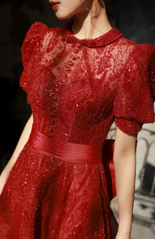 Sparkling Burgundy Evening Dress Puff Sleeve Princess Dresses S5433