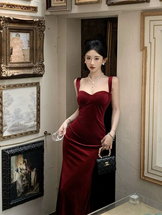 Birthday party dress banquet wine red velvet suspender dress S5822