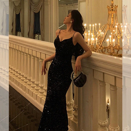 Black sequined suspender dress winter new velvet mermaid dress party dress S5597