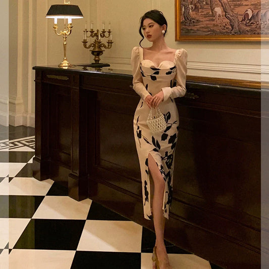Retro satin dress for women new style ink print slit long party dress S5690