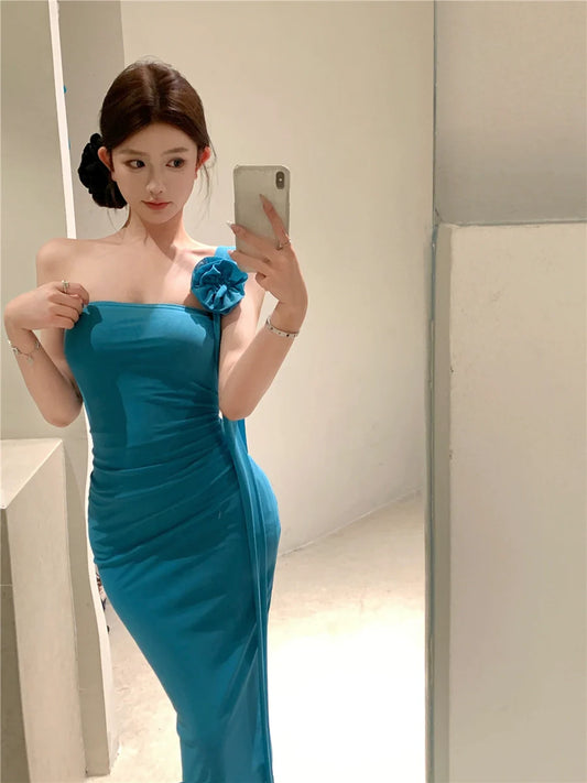 Sexy strapless dress for women summer tight pleated long party dress S5913