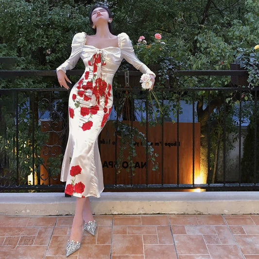 Birthday dress banquet satin mermaid long-sleeved floral dress S5783