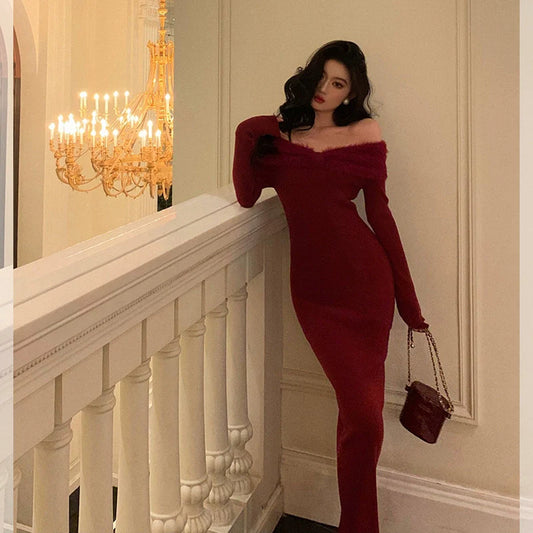 Red off-shoulder knitted dress for women winter new long party dress S5601