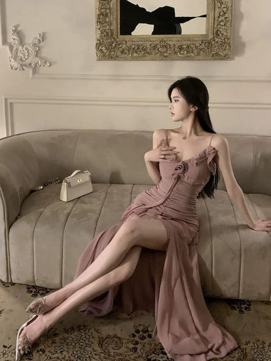 pink v-neck sexy suspender dress for women summer new slit long party dress S5810