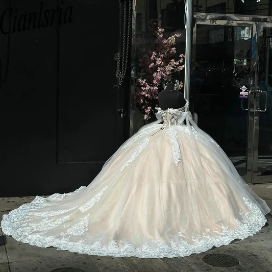 Shimmering Champagne Beaded Pearls Illusion Ball Gown Quinceanera Dress