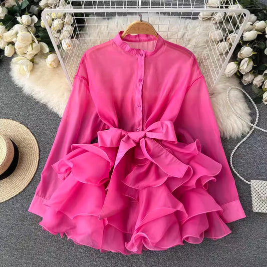 Chiffon Chic Top Women's New Ruffled Design Bow Shirt S4501
