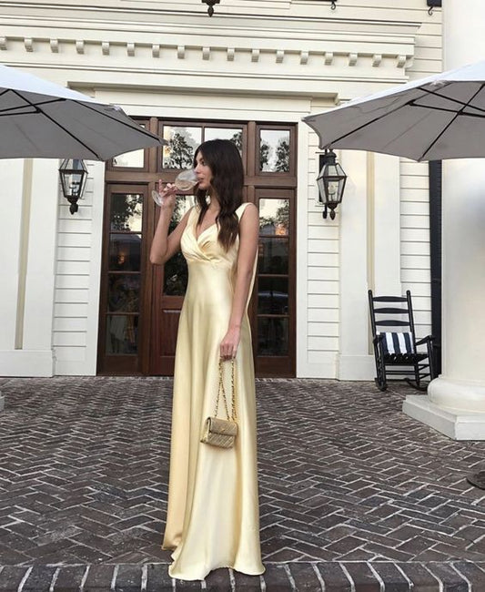 Simple A Line V neckline Yellow Long Prom Dresses fg5330