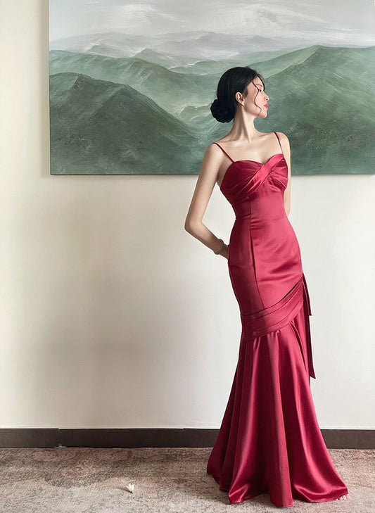 Burgundy Satin Sweetheart Straps Prom Dress, Burgundy Long Evening Dress S5246
