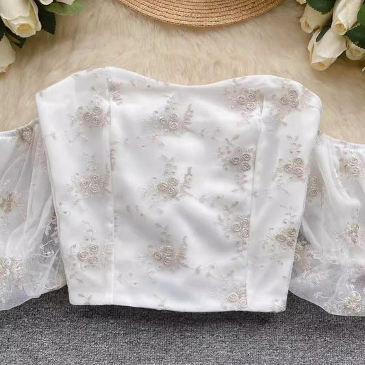 embroidered tube top for women off-shoulder short puff-sleeved chic top S4617