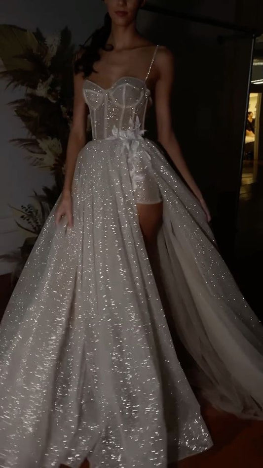A Line Spaghetti Straps Sparkly Bohemian Wedding Dress fg3982