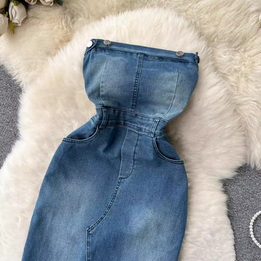 denim dress for women sexy slit retro style skirt trendy S4566