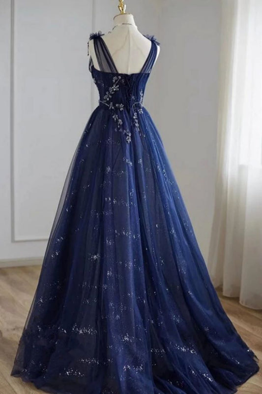 A Line Navy blue Tulle Beaded V Neckline Party Dress, Navy Blue Shiny Tulle Prom Dress fg5369