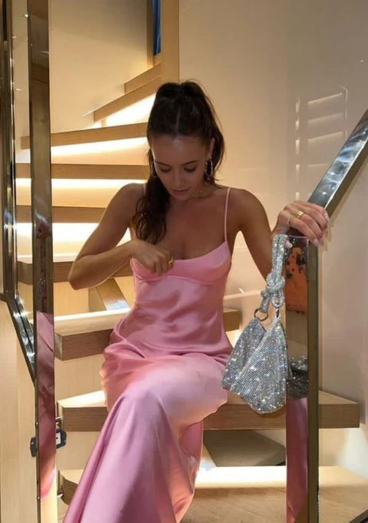 Simple Straps Sleeveless Party Dress Satin Pink Prom Dress fg5332