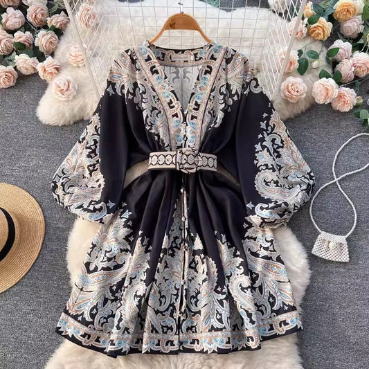 printed V-neck lantern sleeve mid-length dress trendy S4553
