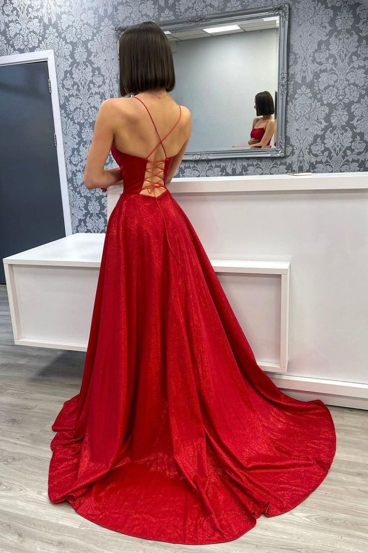 Satin Long A-Line Prom Dress, Backless Evening Dress with Slit S4985