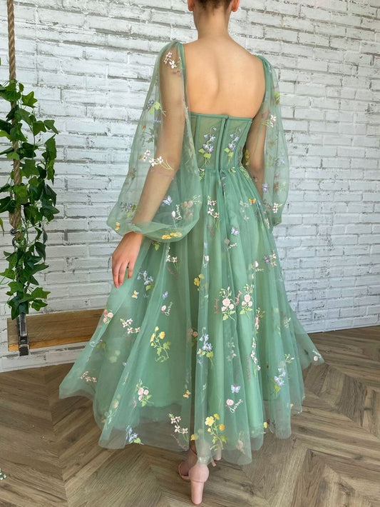 Elegant Long Sleeves Tulle Tea Length Puffy Prom Dress, Bridesmaid Dresses S4811
