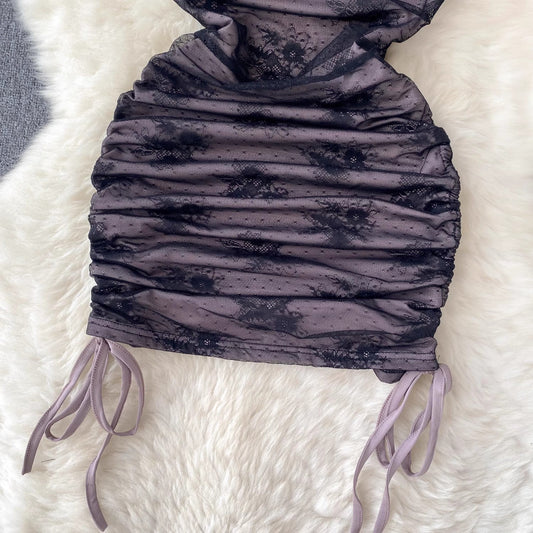 Sexy tube top lace suspender dress women's pleated hot girl skirt S4646