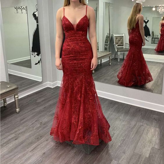 Spaghetti Straps Lace Mermaid Long Evening Prom Dresses S5264