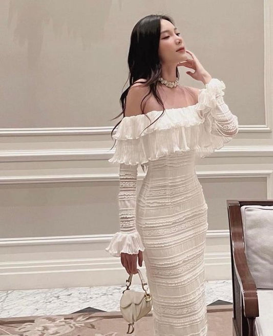 Elegant White Midi Dress Office Lady Long Sleeve Sexy Beach Party Bodycon Dress fg5417