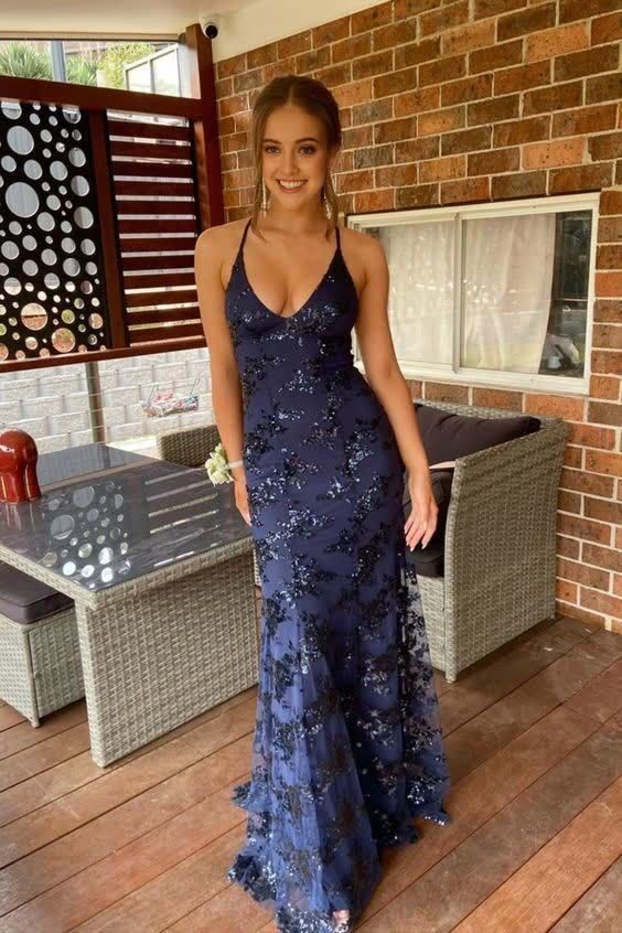 Navy Blue Mermaid Tulle And Sequins Long Formal Prom Dress With V Neckline And Lace Up Back S5233