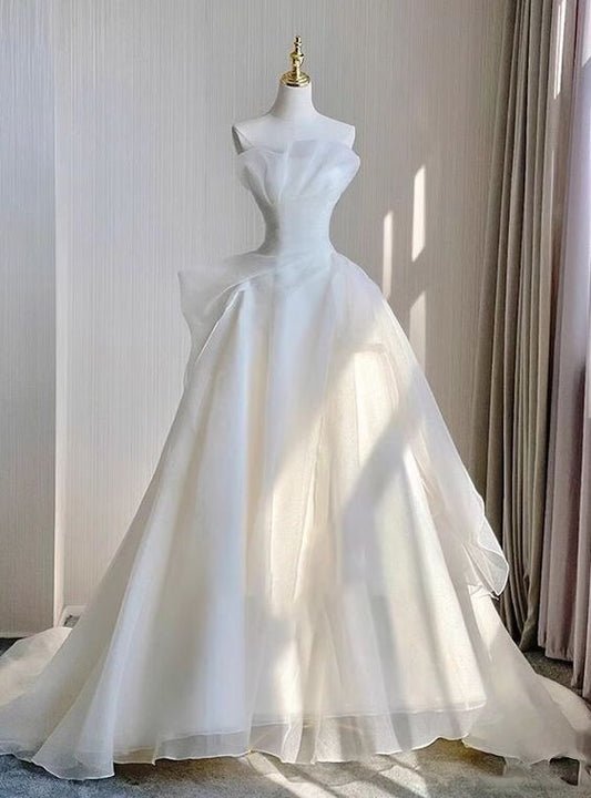 White Organza Strapless Pleats Sleeveless Wedding Dress fg4911