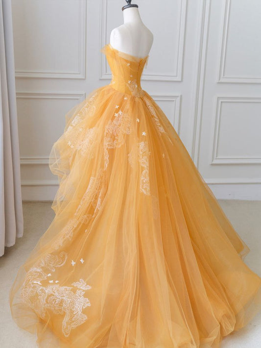 Tulle Lace Long High Low Prom Dress, A-Line Strapless Evening Dress fg5247