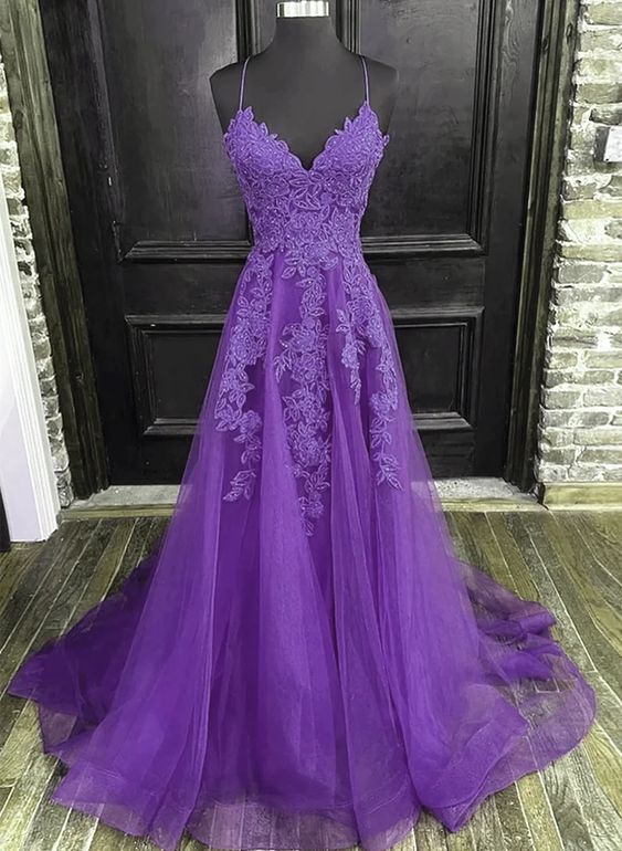 V-neckline Purple A-line Straps Long Prom Dress, Purple Long Evening Dress Party Dress fg4734