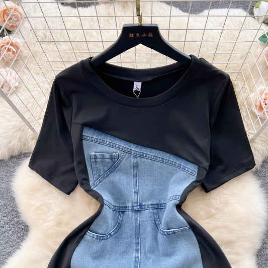 French retro short-sleeved denim dress women's chic casual long skirt S4531