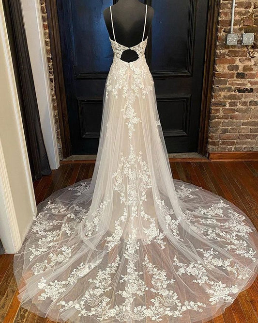 Lace Ivory V-neck Tulle A-line Wedding Dress fg4673