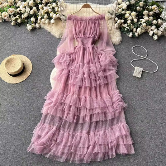 ruffled mesh cake dress for women elegant long skirt S4557