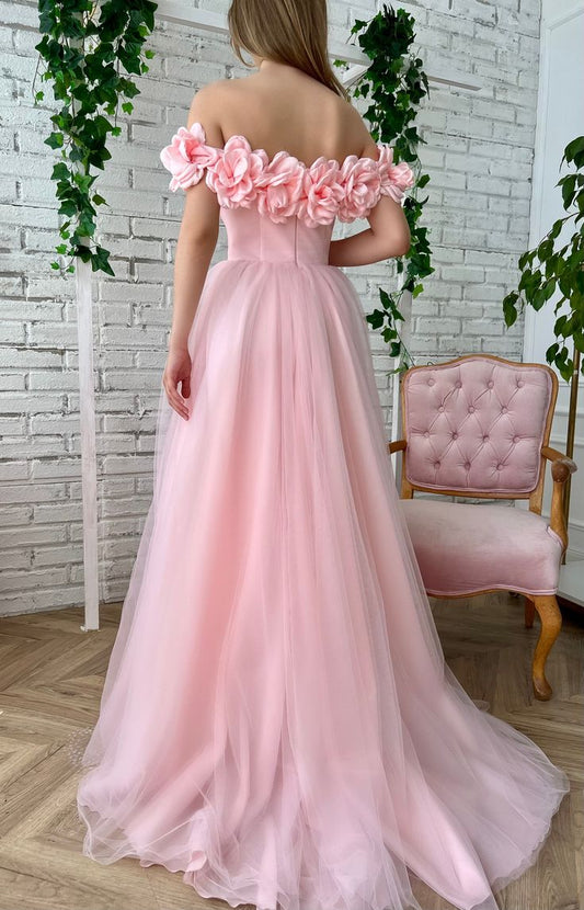 Pink Floral Prom Dresses Off The Shoulder Evening Gown Tulle Long Prom Dress