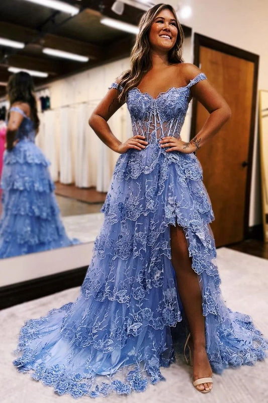 Tulle Appliques Off-the-Shoulder Ruffle Long Prom Dress fg4747