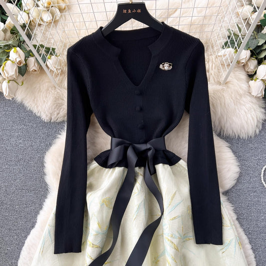 French style luxury dress for women knitted splicing jacquard fluffy dress S4510