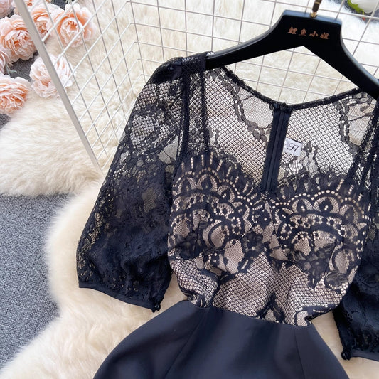 see-through lace black dress women's long skirt S4657