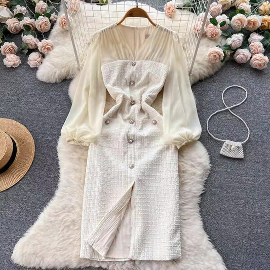 mid-length slit V-neck lantern sleeve dress S4537
