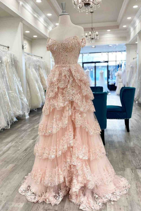 Gorgeous A-Line Off The Shoulder Long Corset Prom Dress with Sequin And Split fg4997
