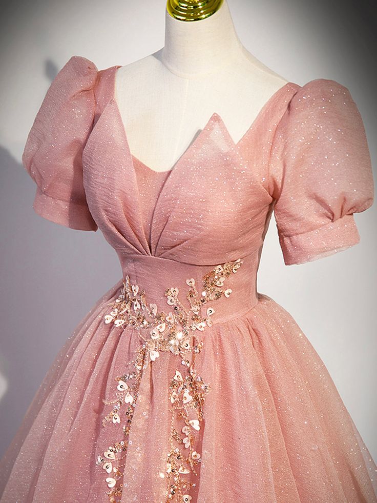 Tulle Floor Length Prom Dress with Short Sleeve, Beautiful A-Line Evening Dress S4988